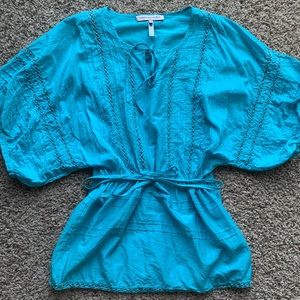 Nanette Lepore Batwing Drawstring Swimsuit Cover Turquoise Silk & Cotton Blend